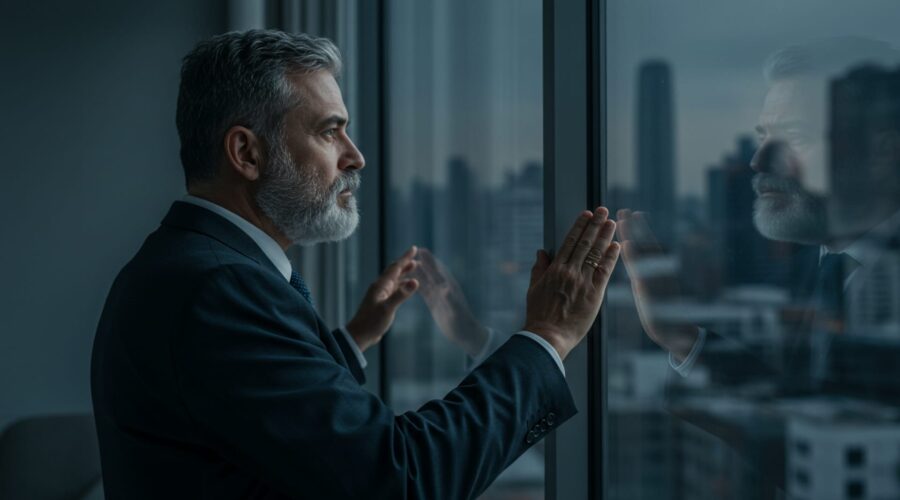 a businessman looking out the window feeling guilty over an addiction