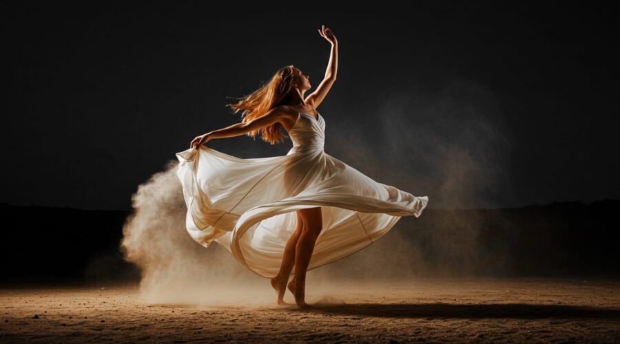a dancer in a flowing white dress raising her vibration step by step