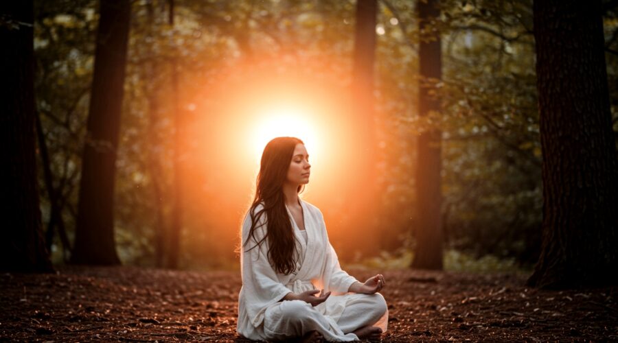 a woman meditating calibrating her way up the emotional guidance scale with a beautiful glowing light shining behind her