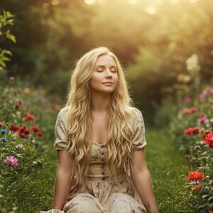 A woman with long blonde wavy hair in total serenity doing a reading meditation