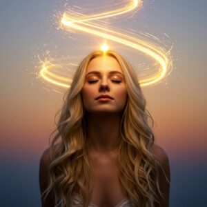 A woman with long blonde wavy hair with a serene look on her face, is standing in front of a golden, glowing spiral of energy-MEDITATING on EXPANSION