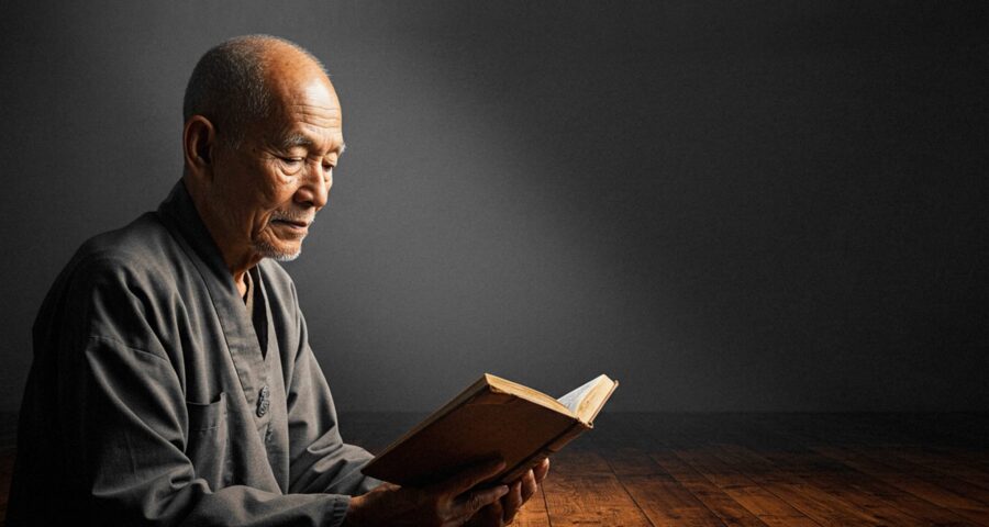 an old man doing a reading meditation , in a darkened room with a wooden floor , and soft light shining on his face.4