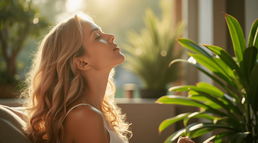 girl doing a peaceful self guided meditation in the suns rays