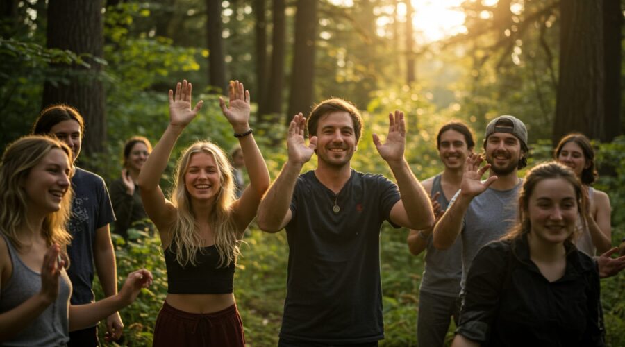 group of people with hands raised appreciating life