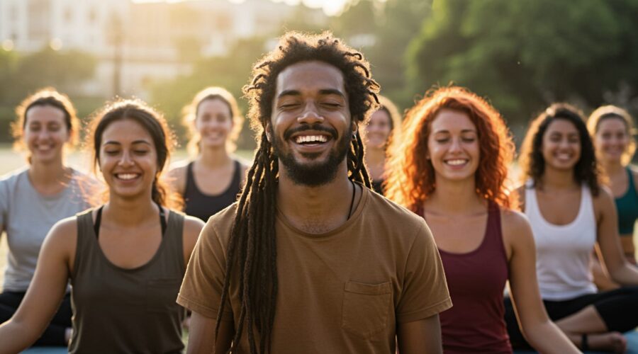 people smiling and looking like they are having fun meditating