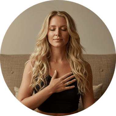 photos of a woman with hand on her heart meditating with a calm mind