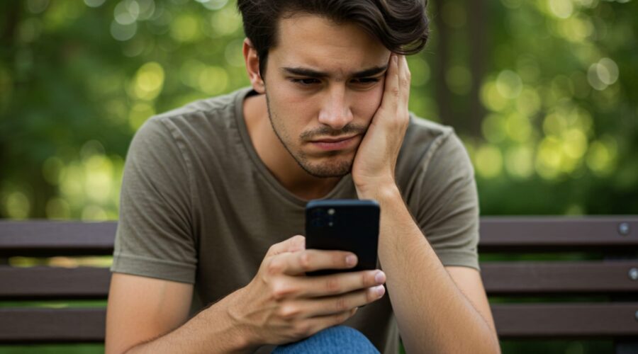 someone scrolling on their phone looking unhappy with phone addiction