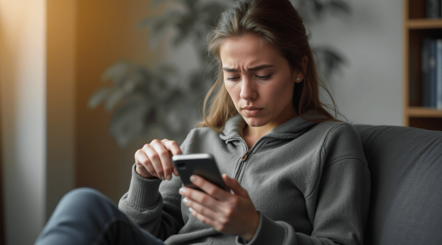 woman scrolling on her phone looking unhappy thinking she has an addiction